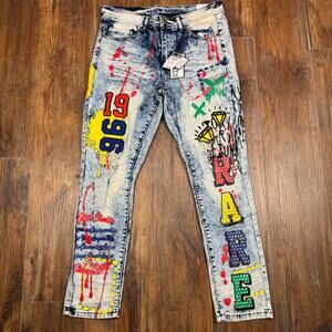Rue 21 32 x 30 Premium Supreme Flex Skinny jeans graffiti paint acid wash